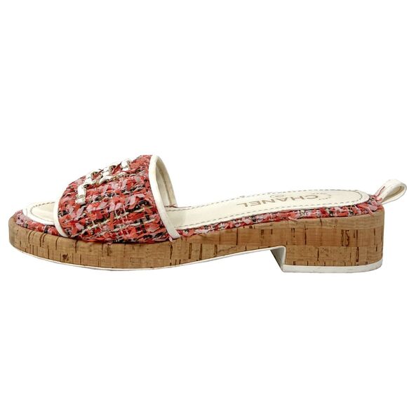 Chanel Logo Tweed Cork Slide Sandals 38.5 Coral CR21 Cruise 2021 - Picture 3 of 11